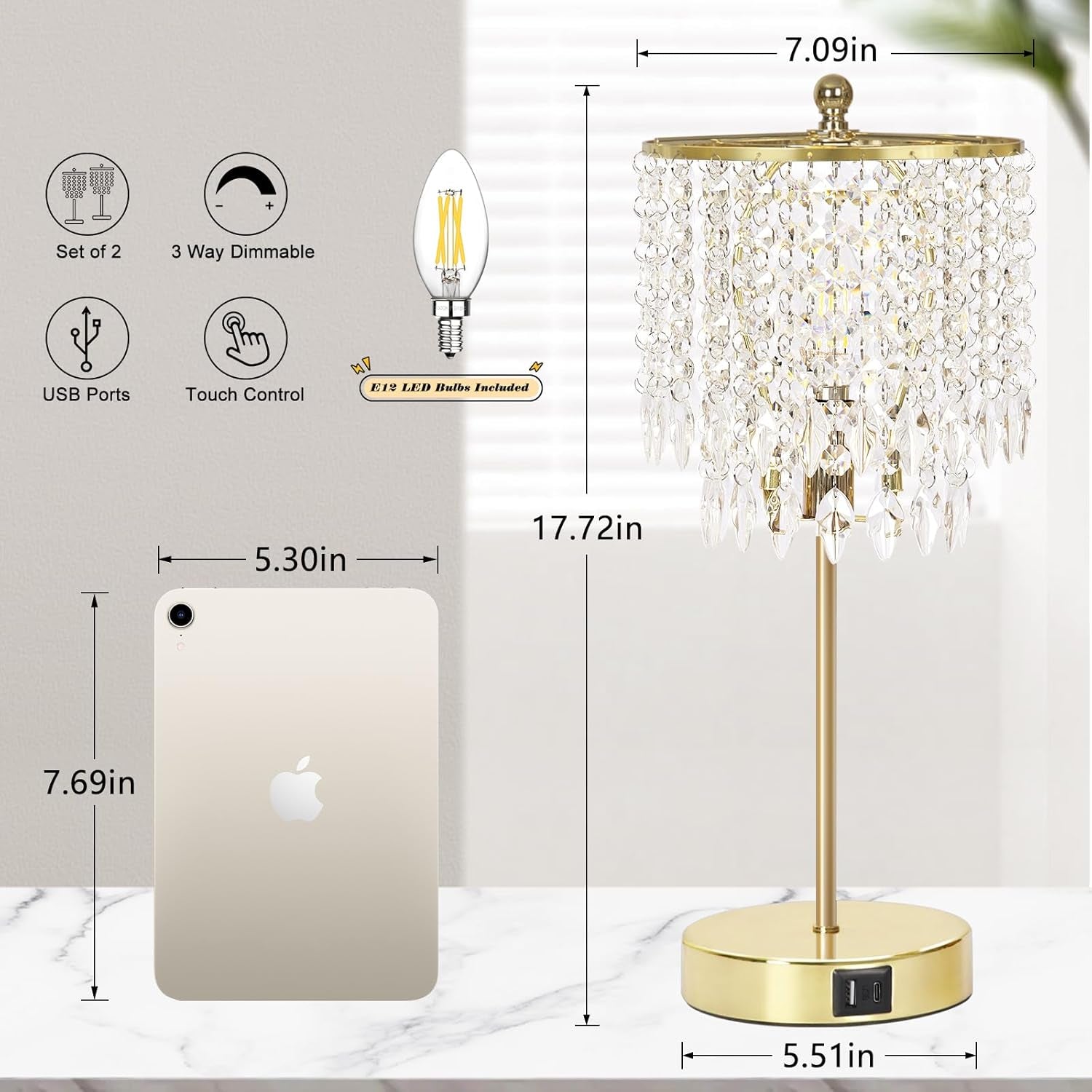 Crystal Table Lamp Set of 2, 3-Way Dimmable Nightstand Lamp with 2 USB Charging Ports, Gold Bedside Lamp for Bedroom, Touch Lamp with Elegant Shade for Living Room, B11 LED Bulb Included