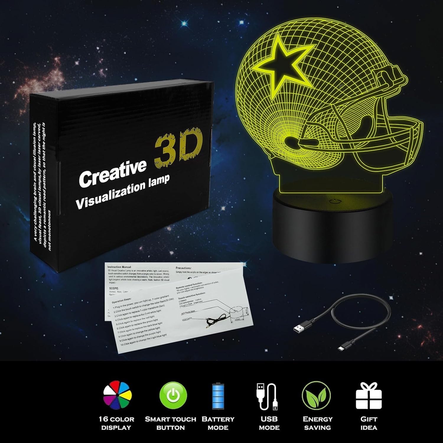 3D Illusion Night Light Desk Lamp, 7 Colors Auto Gradual Changing USB Powered LED Lights with Touch Switch for Kids Gifts Home Decoration (Baseball Helmet)