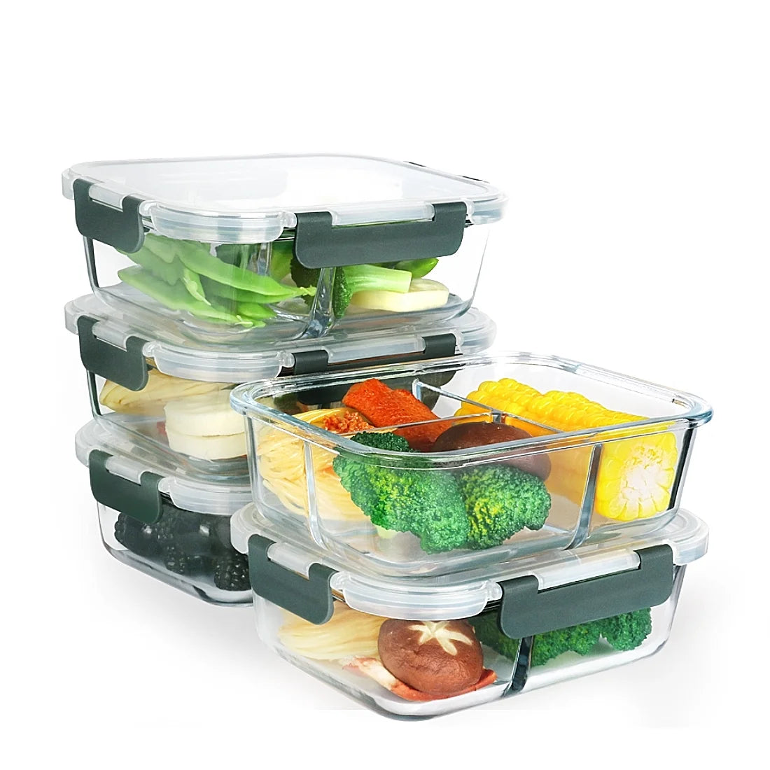 Glass Leakproof 3-Compartment Meal Prep Containers, 5-Pack