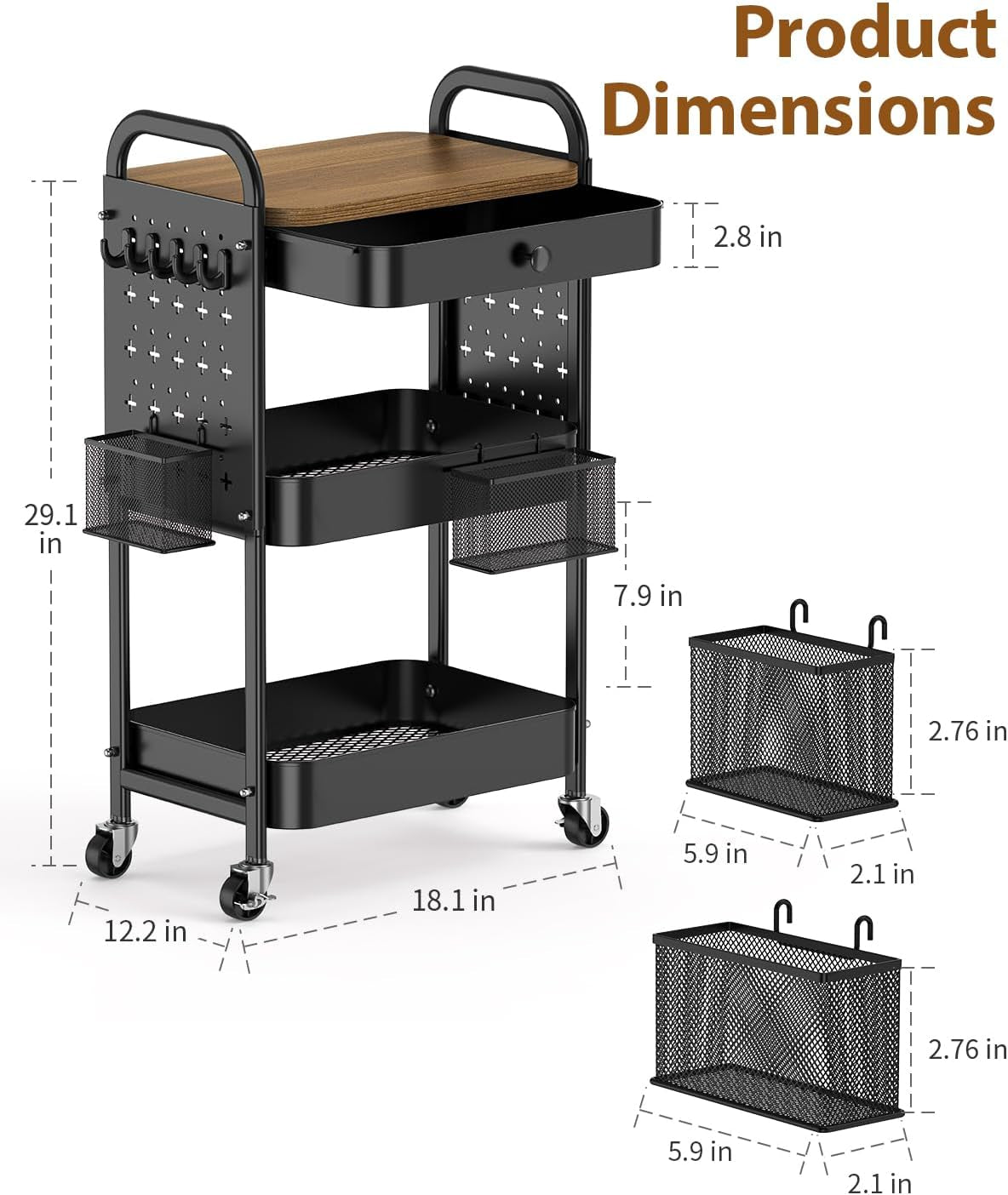 Rolling Cart with Drawer and Wood Table Top, 3 Tier Metal Rolling Utility Cart on Wheels with DIY Pegboards, Hanging Baskets, Hooks for Bedroom,Office,Craft Supplies (Black)