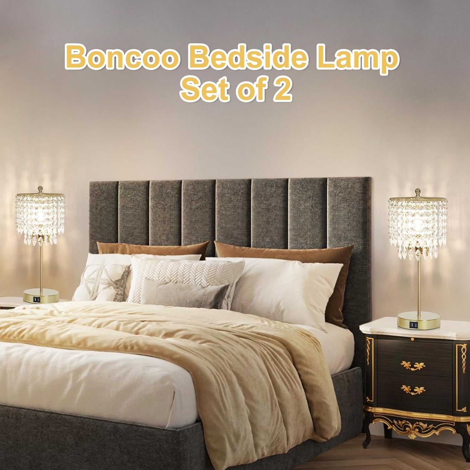 Crystal Table Lamp Set of 2, 3-Way Dimmable Nightstand Lamp with 2 USB Charging Ports, Gold Bedside Lamp for Bedroom, Touch Lamp with Elegant Shade for Living Room, B11 LED Bulb Included