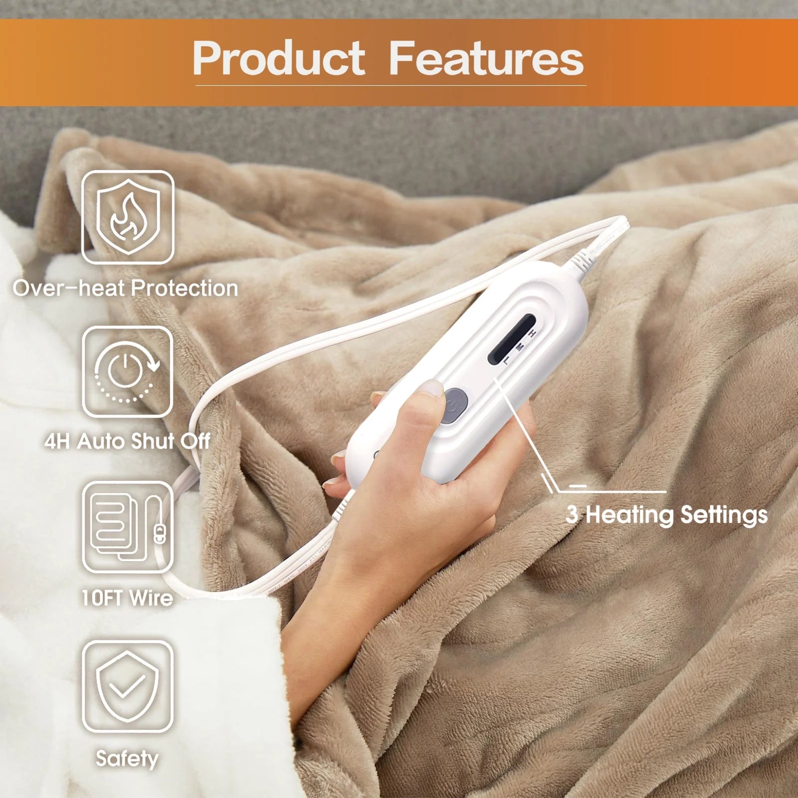 Heated Blanket Throw，50"X60"Double Flannel Heating Blanket for Home Office, Electric Blanket 4 Hours Auto-Off & Over-Heat Protection,Camel
