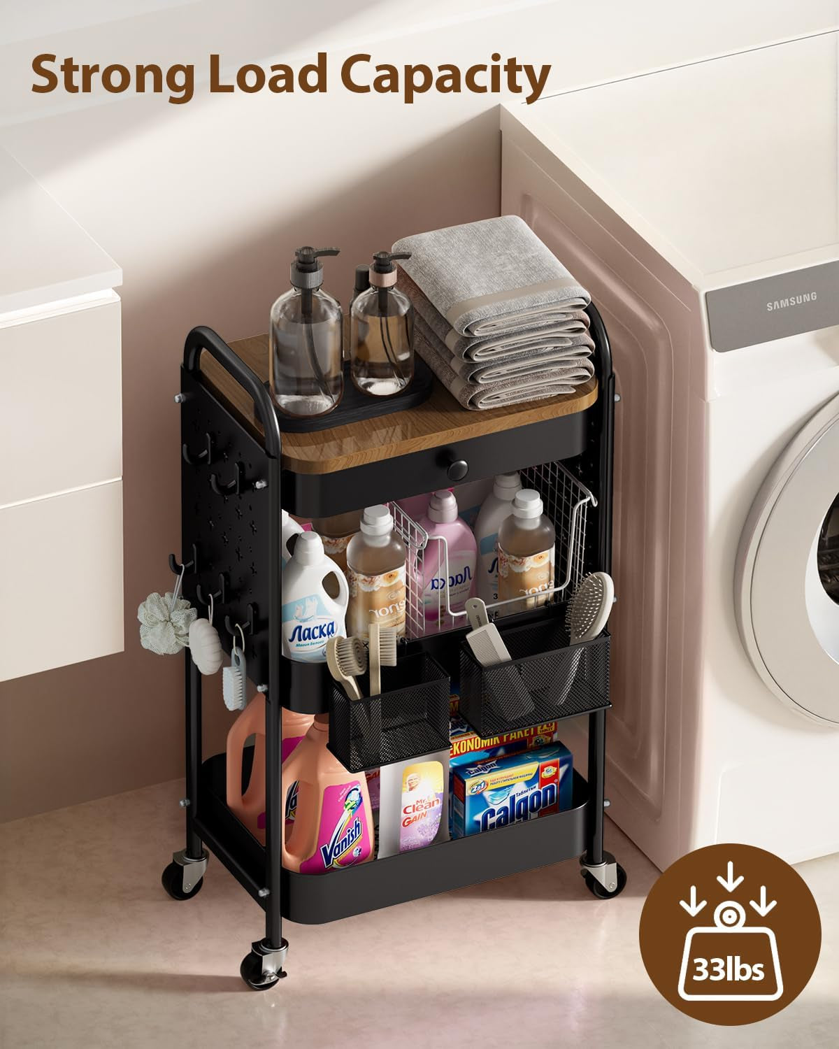 Rolling Cart with Drawer and Wood Table Top, 3 Tier Metal Rolling Utility Cart on Wheels with DIY Pegboards, Hanging Baskets, Hooks for Bedroom,Office,Craft Supplies (Black)