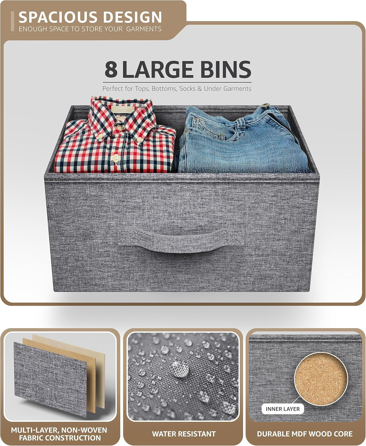 Dresser with 8 Drawers - Chest Organizer Unit with Steel Frame Wood Top & Handle Easy Pull Fabric Bins for Clothes - Large Storage Furniture for Bedroom, Hallway, Living Room, Nursery & Closet