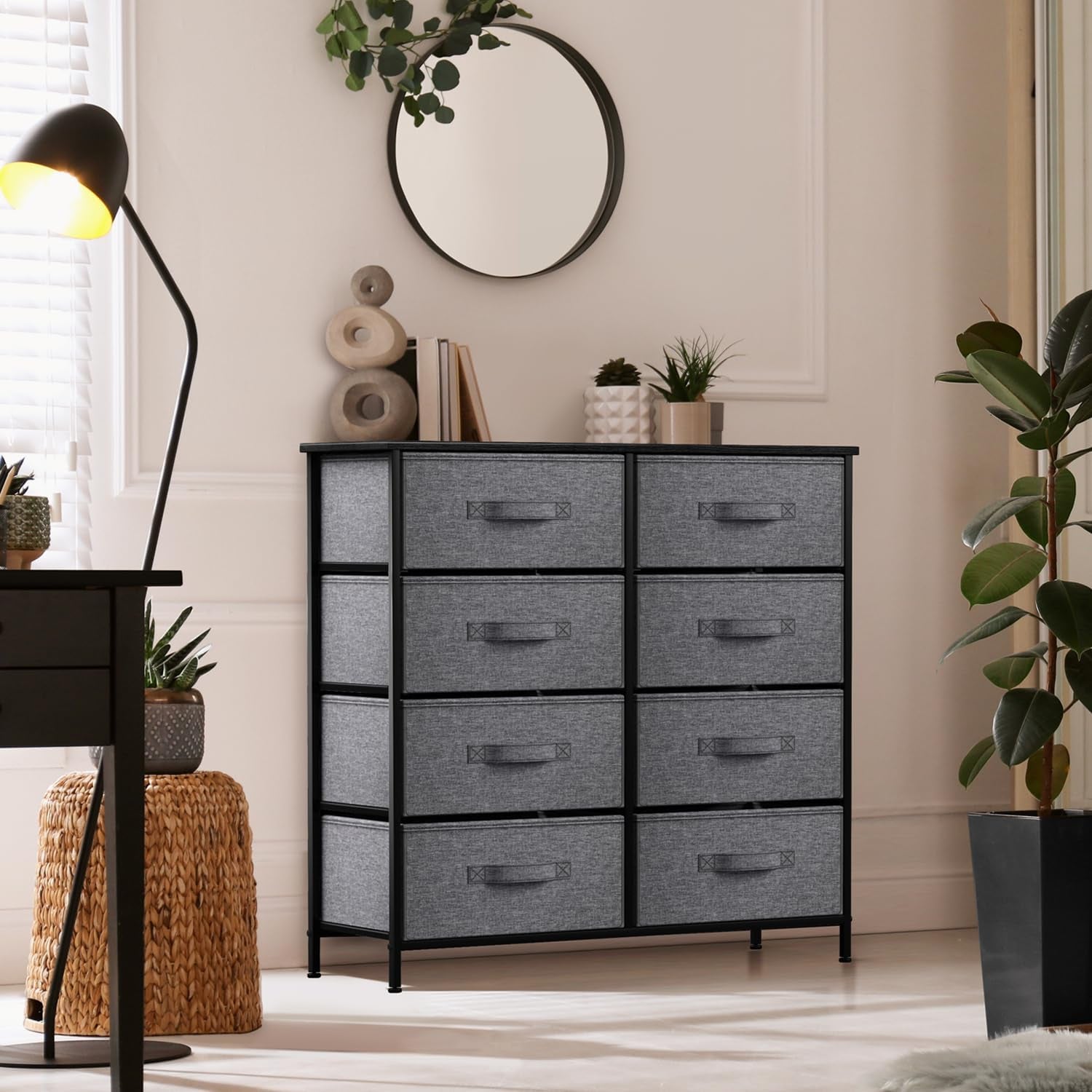 Dresser with 8 Drawers - Chest Organizer Unit with Steel Frame Wood Top & Handle Easy Pull Fabric Bins for Clothes - Large Storage Furniture for Bedroom, Hallway, Living Room, Nursery & Closet