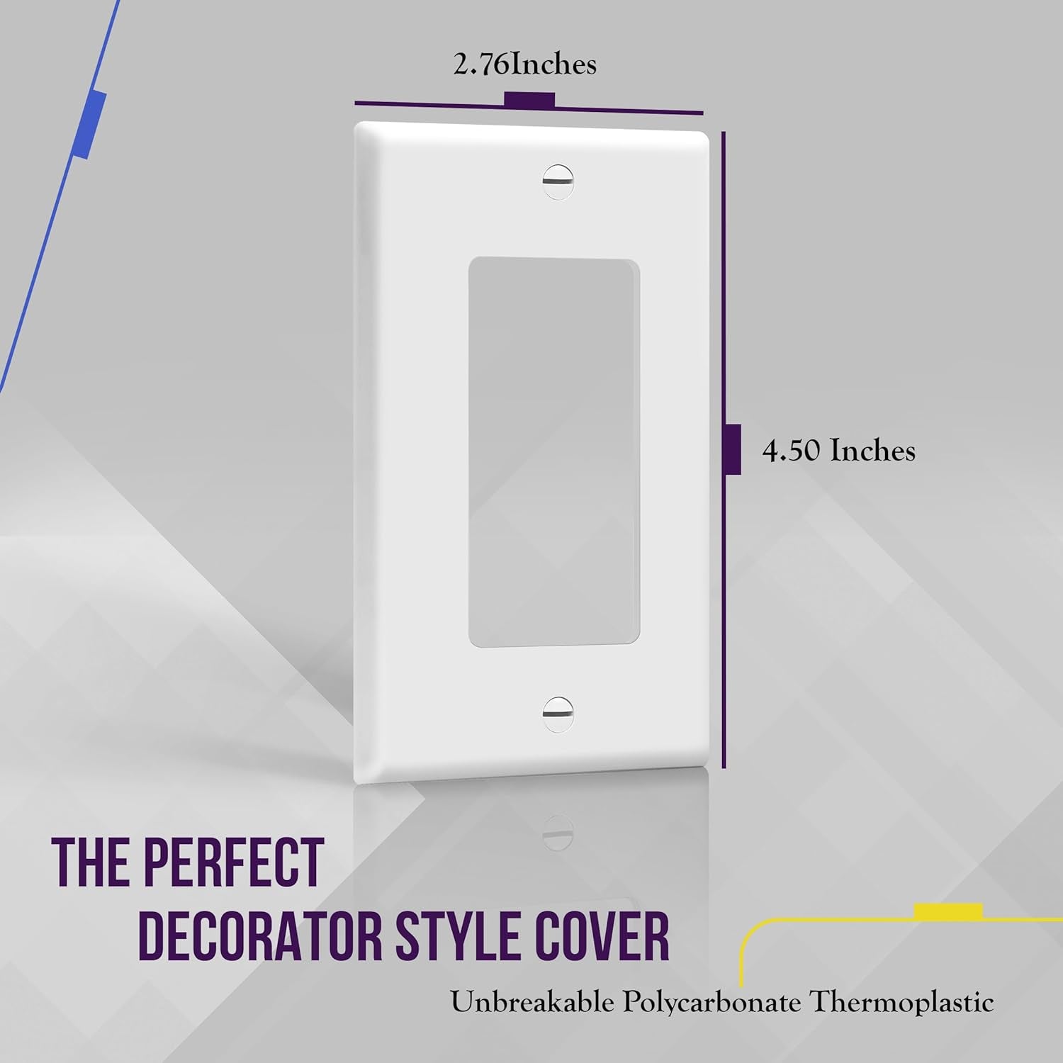 Decorator Light Switch or Receptacle Outlet Wall Plate, Gloss Finish, Size 1-Gang 4.50" X 2.76", Unbreakable Polycarbonate Thermoplastic, UL Listed, 8831-W, White