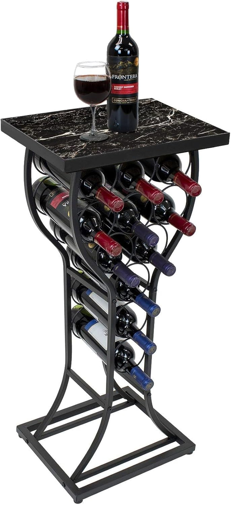 Wine Rack Console for Home Bar - Mini Wine Stand with Faux Black Marble Table Top - Durable Metal Freestanding Wine Storage Cabinet Shelf - Wine Racks Free Standing Floor Holds 11 Wine Bottles