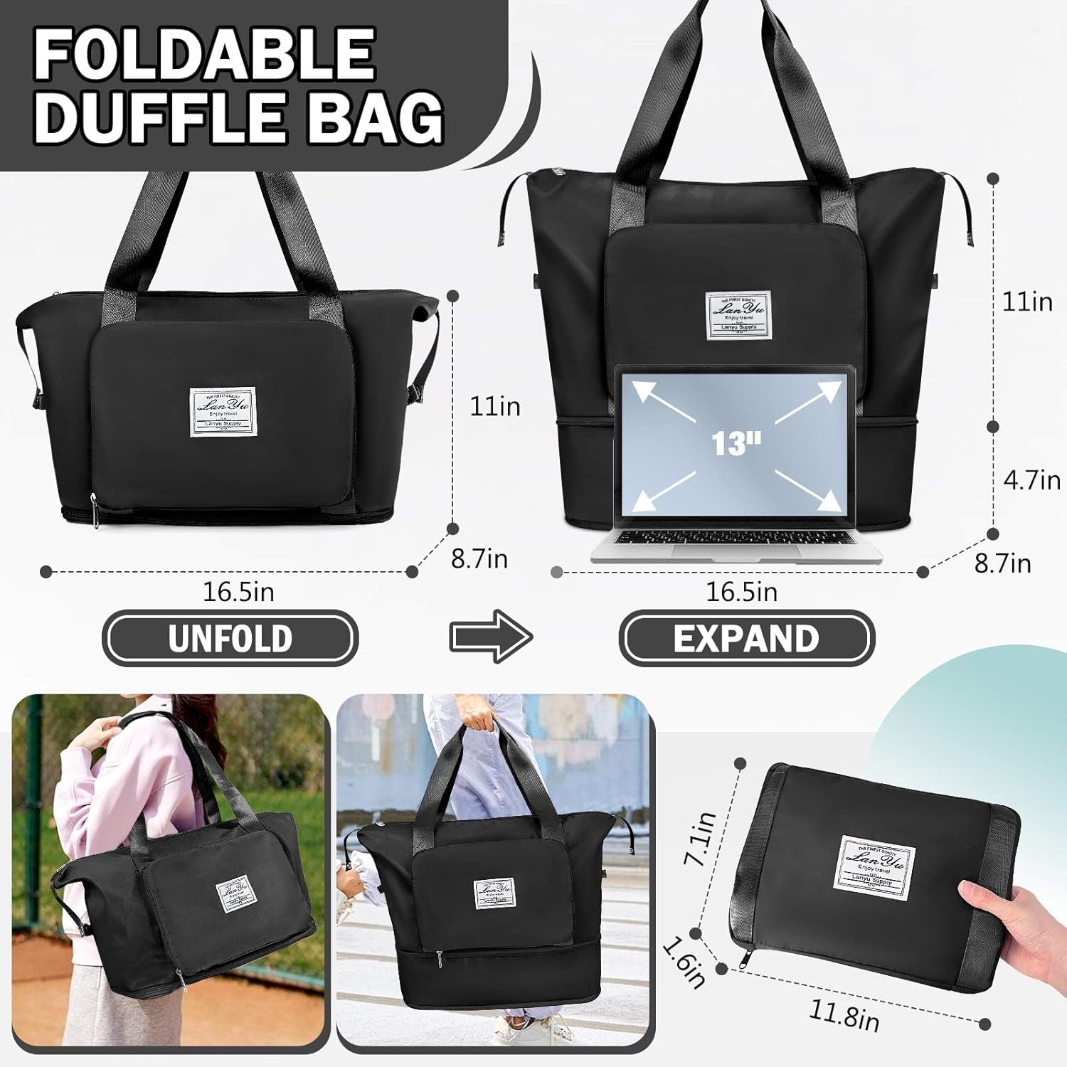 Large Capacity Folding Travel Bag,Expansion Travel Duffel Bag with Dry and Wet Separation Portable Travel Duffel Bag